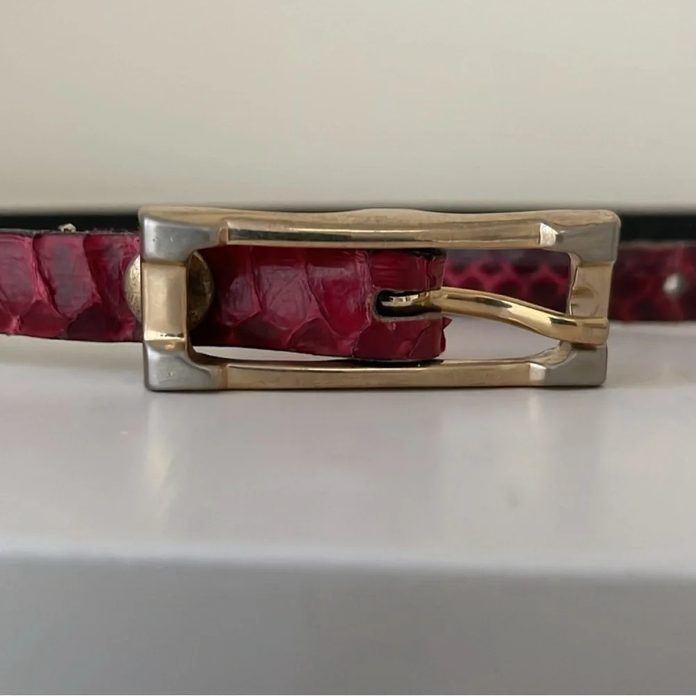 Red Burgundy Snake Skin Belt With Gold Links And Buckle